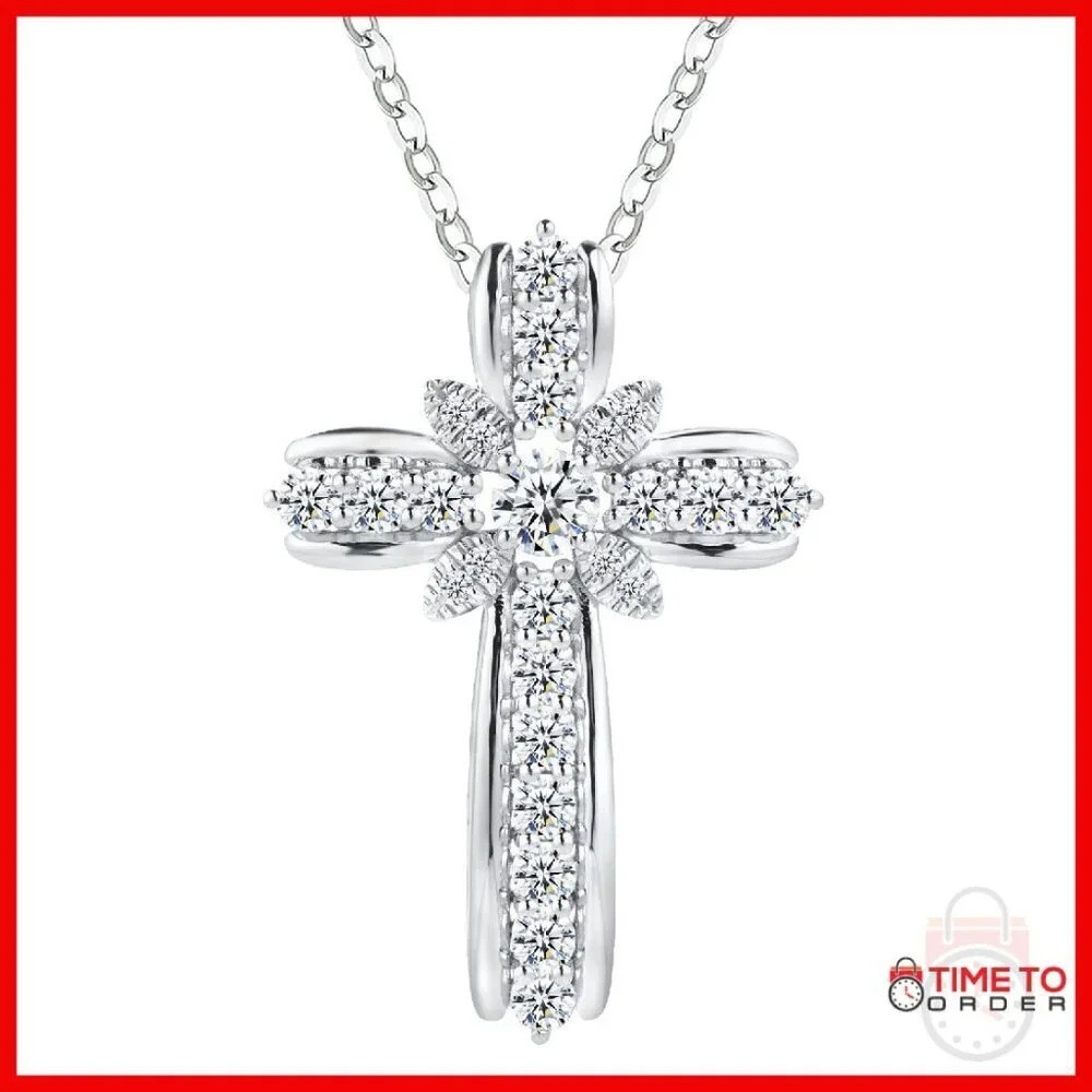 D Color Moissanite Cross Pendant Necklace 20in Sterling Silver 18k Gold